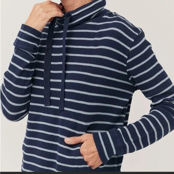 Pact Navy Stripe 100% Organic Cotton Waffle Knit Funnel Neck Pullover Women S - Picture 1 of 9